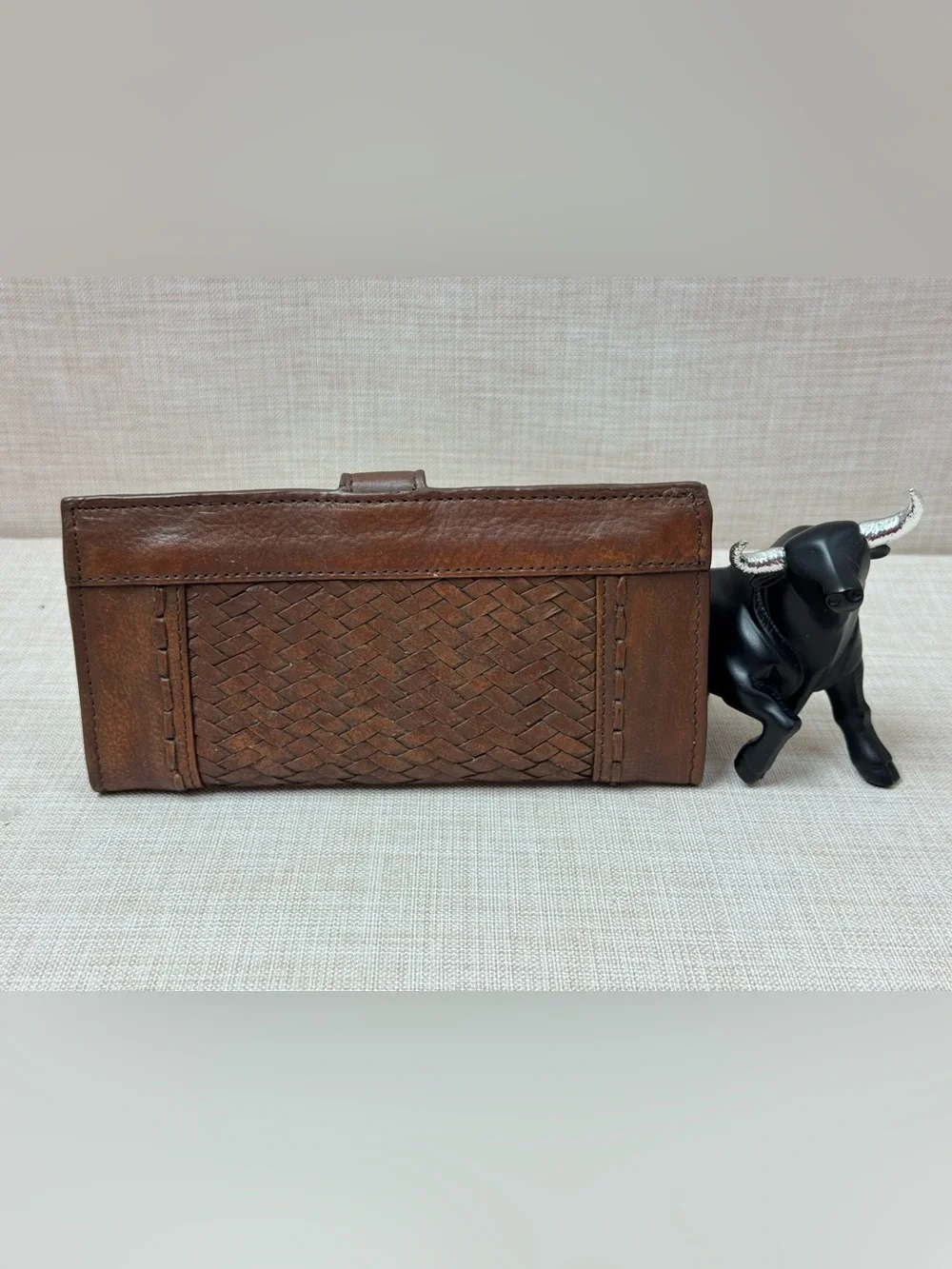 Cleo + Wolf Brown Leather Basketweave Long Bifold Wallet